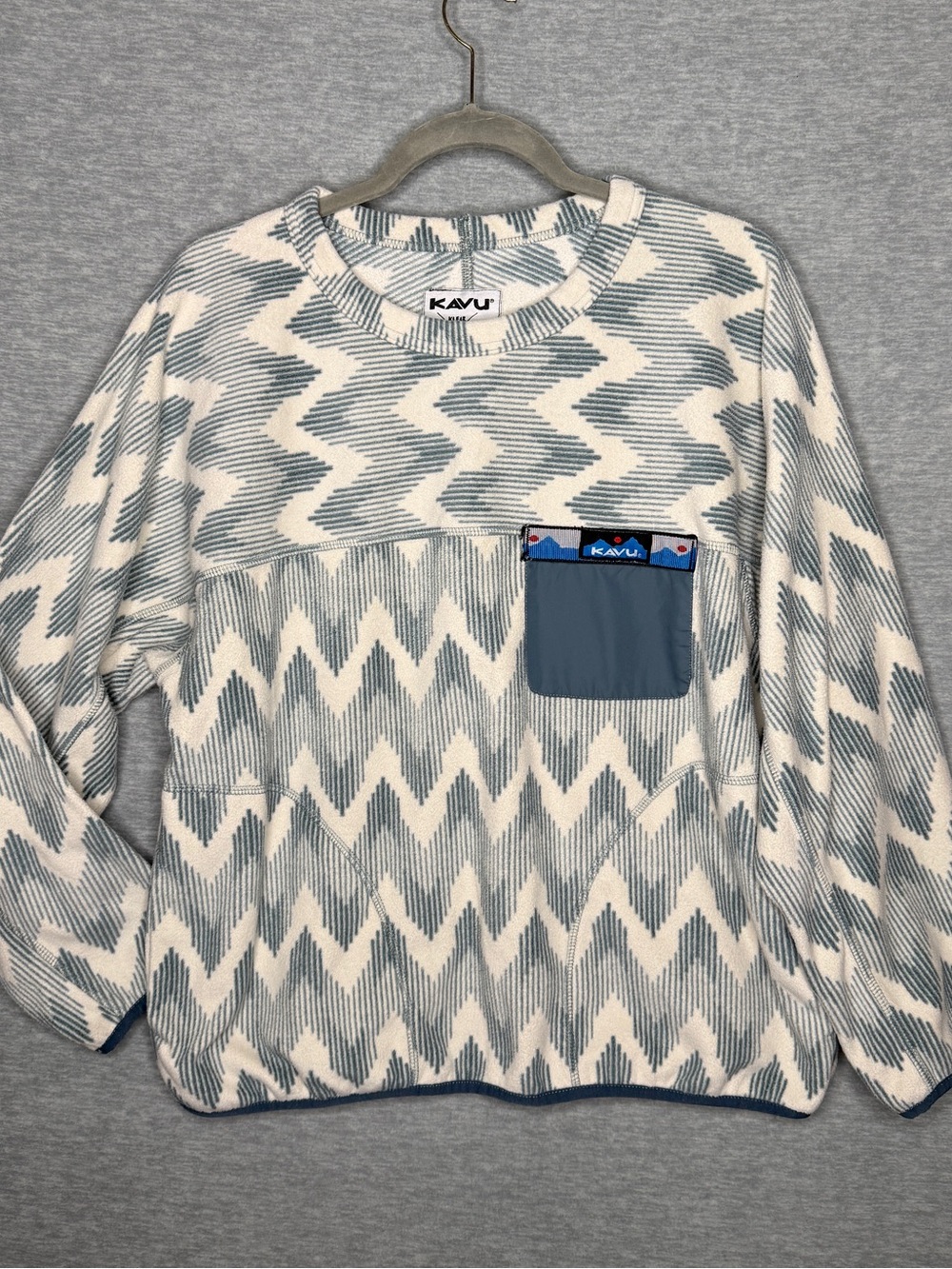 KAVU Womens Medium Fleece Pullover Blue Cream Geometric Outdoor Hiking Sweater